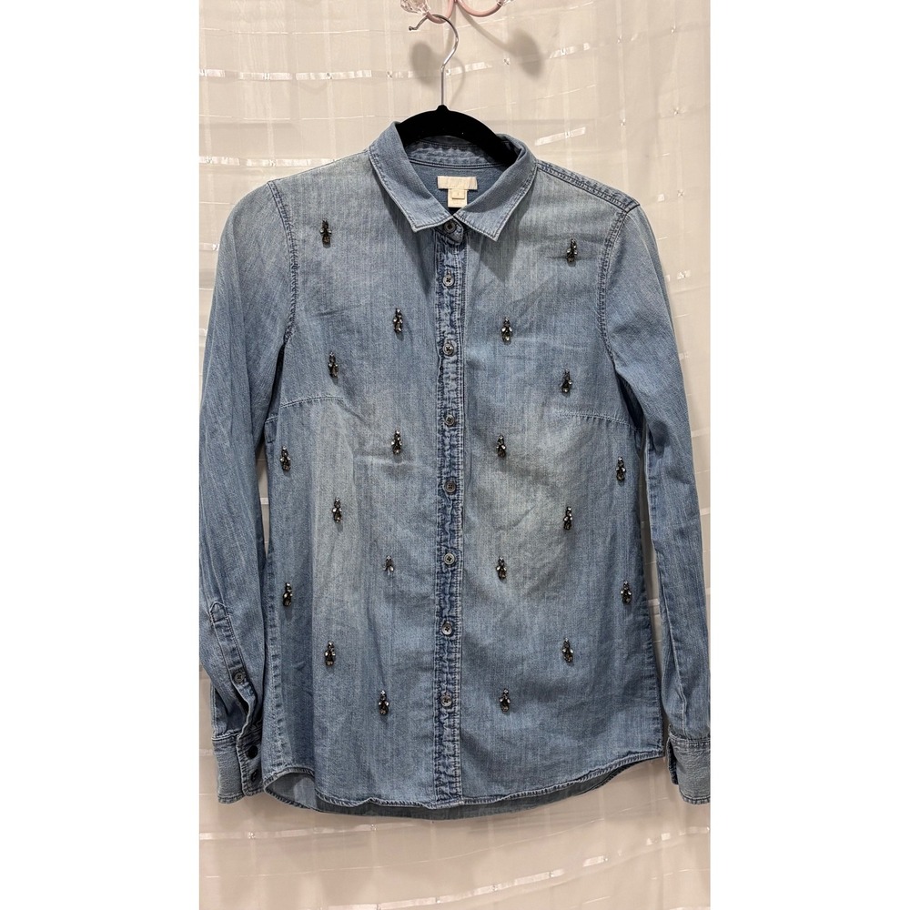 J.Crew Collection Embellished Chambray Denim Shirt Light Wash Rhinestone Size 4